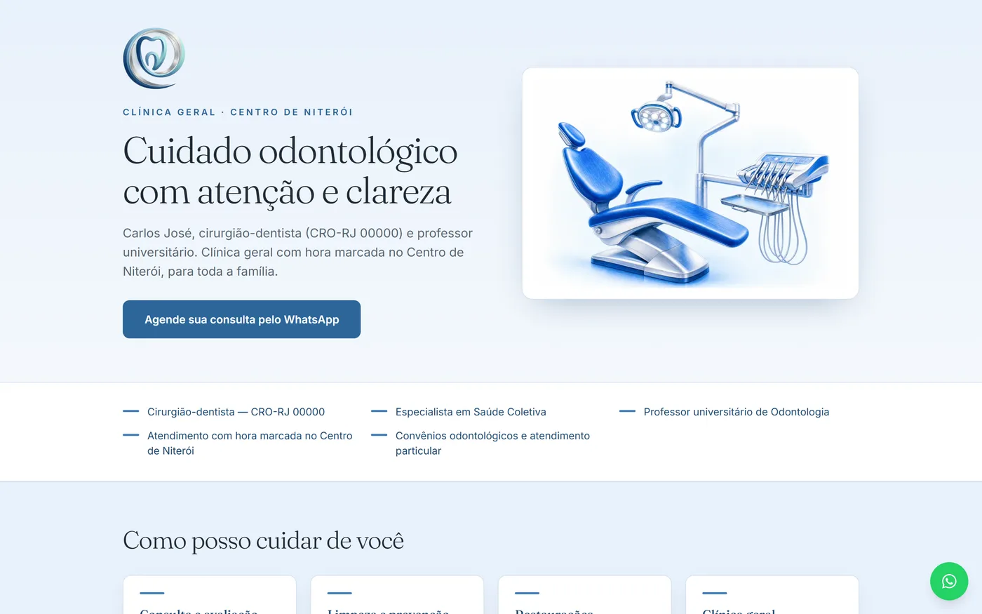 Exemplo de homepage: título “Cuidado odontológico com atenção e clareza”, ilustração de cadeira odontológica em tons de azul e botão de agendamento pelo WhatsApp.